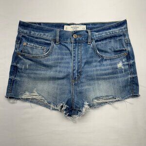 Abercrombie & Fitch Womens Distressed Denim Shorts Size 6 W28 Raw Hem Blue Jean